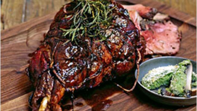 Image of Tapenade-Stuffed Lamb Roasted with Carrots and Shallots